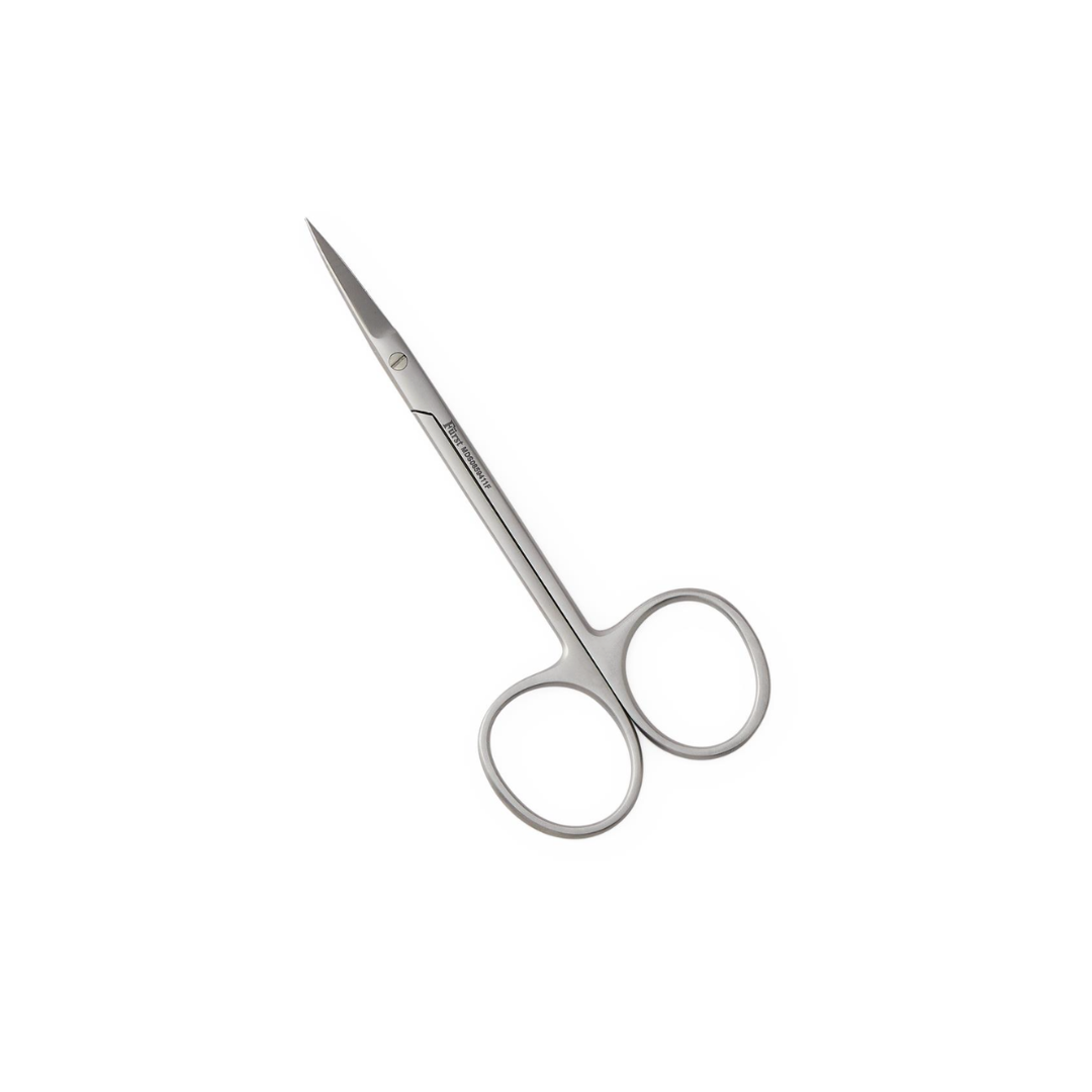 Medline Fürst Iris Scissors - 4.5" Straight Sharp/Sharp: small stainless steel scissors with pointed blades and two round finger holes, shown isolated on a white background.