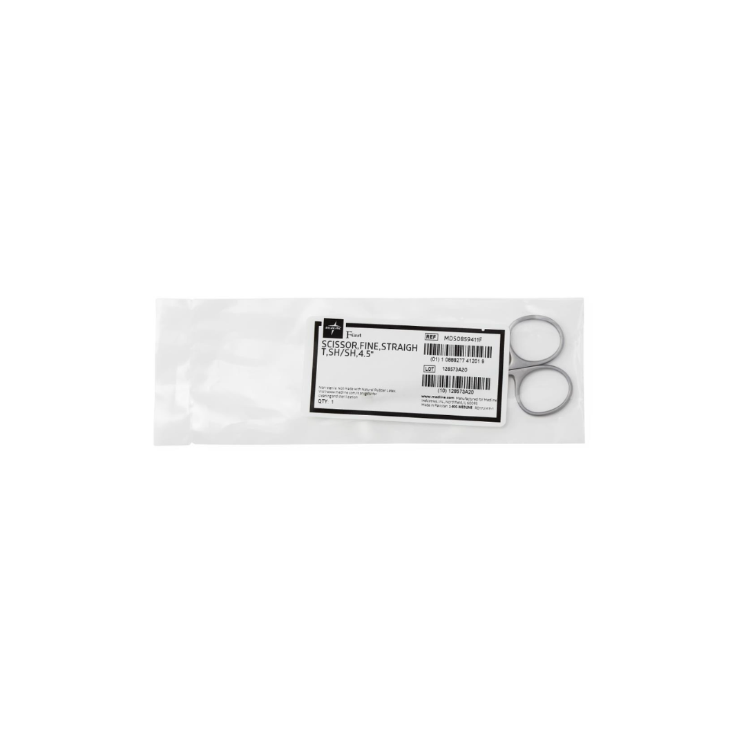 A pair of Medline Fürst Iris Scissors, 4.5" straight sharp/sharp, packaged in a sealed transparent plastic pouch with a white label showing product details and barcodes.