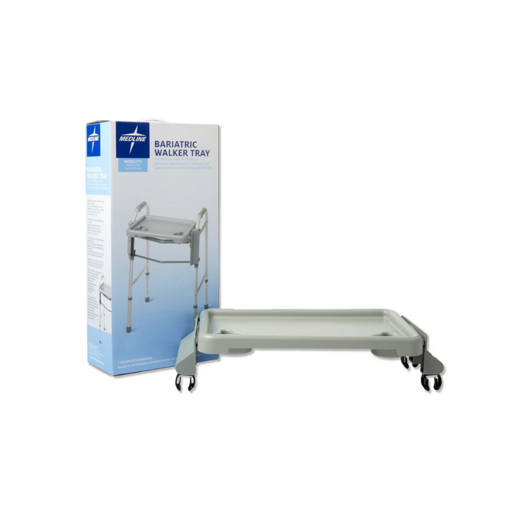 The Medline Folding Tray For Bariatric Walkers, shown with its packaging featuring the tray image and Medline walker accessories, is displayed on a white background.