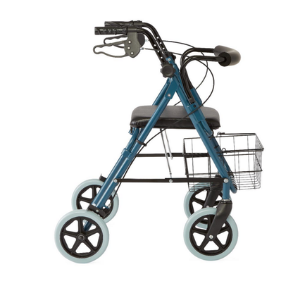 The Medline Deluxe Rollators with 8 Wheels features a blue frame, black handles, padded seat, metal wire basket for storage, and smooth 8 wheels for easy maneuvering.