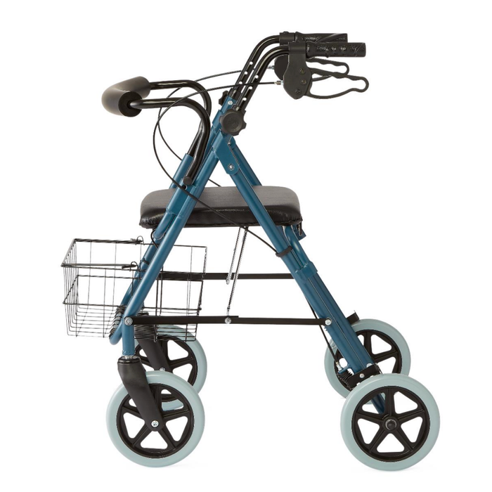 The Medline Deluxe Rollator offers 8 wheels, black handles, a padded seat, and a front wire basket. This lightweight blue walker combines style and support for easy mobility.