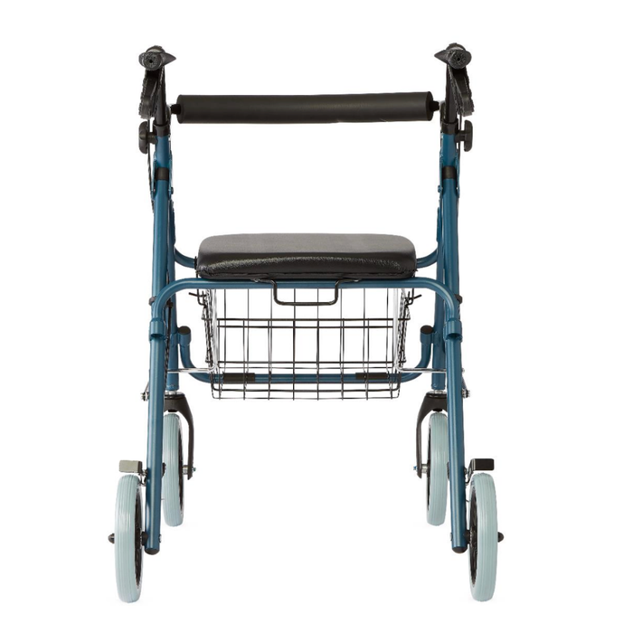 The Medline Deluxe Rollator with 8 wheels features a blue frame, deluxe padded seat, backrest, wire basket under the seat, ergonomic hand grips, and brakes. Its lightweight design is shown in a front-facing image on a white background.