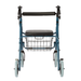 The Medline Deluxe Rollator with 8 wheels features a blue frame, deluxe padded seat, backrest, wire basket under the seat, ergonomic hand grips, and brakes. Its lightweight design is shown in a front-facing image on a white background.
