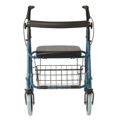 The Medline Deluxe Rollators with 8 Wheels is a blue walker viewed from the front, featuring four wheels, a deluxe padded seat, metal wire basket underneath, and two top handlebars for comfort and support.