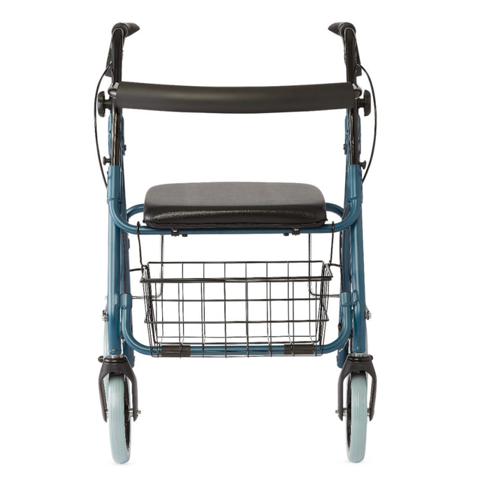 The Medline Deluxe Rollators with 8 Wheels is a blue walker viewed from the front, featuring four wheels, a deluxe padded seat, metal wire basket underneath, and two top handlebars for comfort and support.