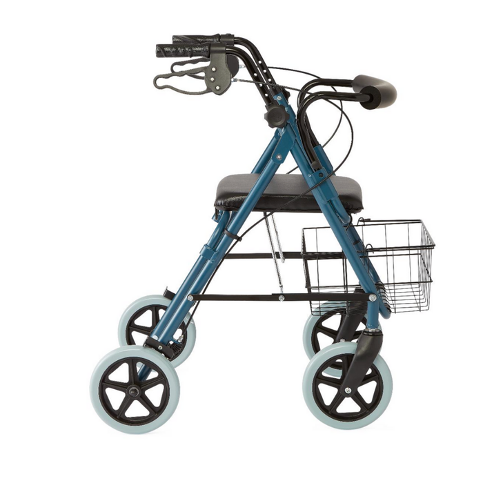 The Medline Deluxe Rollators with 8 Wheels features a blue frame, black handles, padded seat, metal wire basket for storage, and smooth 8 wheels for easy maneuvering.