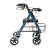 The Medline Deluxe Rollators with 8 Wheels features a blue frame, black handles, padded seat, metal wire basket for storage, and smooth 8 wheels for easy maneuvering.
