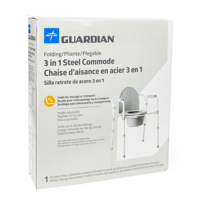 A box featuring Medlines Steel 3-in-1 Folding Commode with Splashguard built from heavy-duty steel. The packaging includes images and product details in English, French, and Spanish. Its suitable for sitting and toileting use with an adjustable seat height.