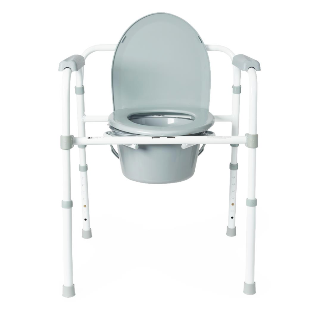 Front view of the Medline Steel 3-in-1 Folding Commode with Splashguard, showcasing a gray seat and lid. It features a heavy-duty steel frame, adjustable height, and supportive side handles.