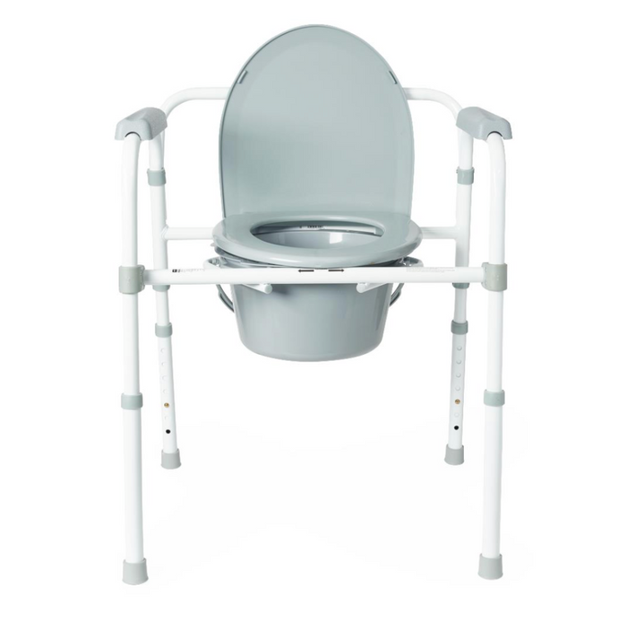 Front view of the Medline Steel 3-in-1 Folding Commode with Splashguard, showcasing a gray seat and lid. It features a heavy-duty steel frame, adjustable height, and supportive side handles.