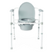 Front view of the Medline Steel 3-in-1 Folding Commode with Splashguard, showcasing a gray seat and lid. It features a heavy-duty steel frame, adjustable height, and supportive side handles.