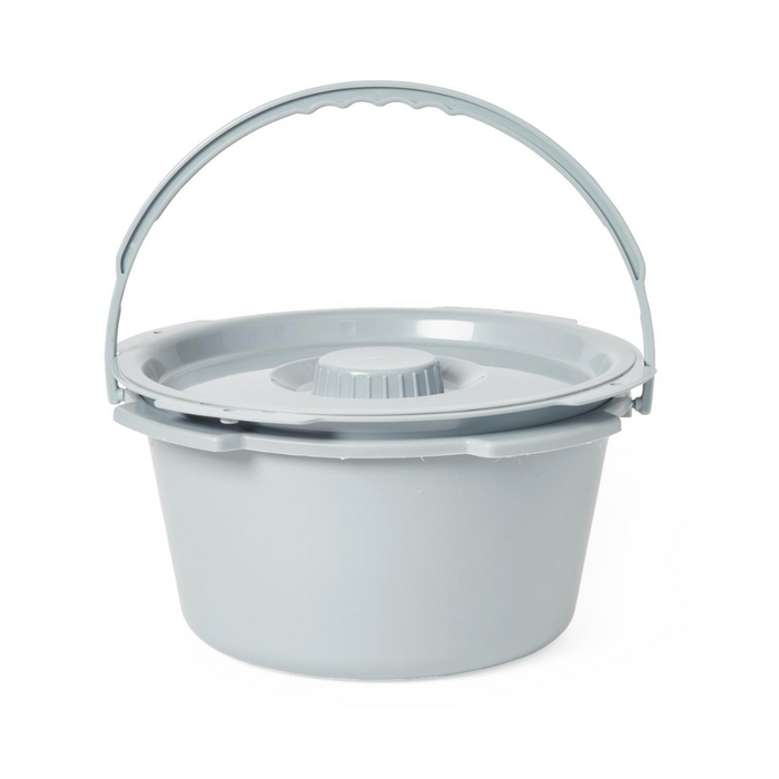 The Medline Steel 3-in-1 Folding Commode with Splashguard features a light gray plastic bucket, matching lid with a raised circular design, and handle attached to its rim. It rests beside the sturdy steel frame, appearing clean and unused against a white backdrop.