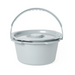The Medline Steel 3-in-1 Folding Commode with Splashguard features a light gray plastic bucket, matching lid with a raised circular design, and handle attached to its rim. It rests beside the sturdy steel frame, appearing clean and unused against a white backdrop.