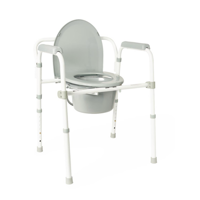 The Medline Steel 3-in-1 Folding Commode with Splashguard is a white adjustable, portable chair with a light gray lid and seat, featuring a heavy-duty steel frame, sturdy armrests, and a removable bucket—ideal as a bedside commode.