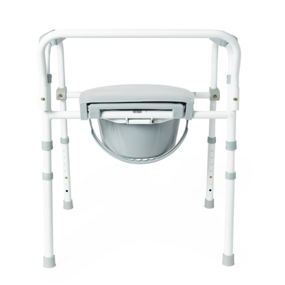 The Medline Steel 3-in-1 Folding Commode with Splashguard features a sturdy white metal frame, gray seat, adjustable legs for customizable height, and supportive armrests. Its removable bucket ensures practicality, making it ideal for assisted bathroom use.