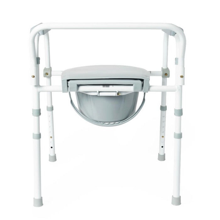 The Medline Steel 3-in-1 Folding Commode with Splashguard features a sturdy white metal frame, gray seat, adjustable legs for customizable height, and supportive armrests. Its removable bucket ensures practicality, making it ideal for assisted bathroom use.