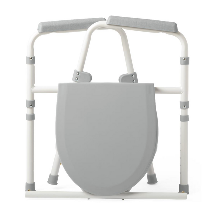 The Medline Steel 3-in-1 Folding Commode with Splashguard is a gray folding toilet safety frame with armrests, featuring a sturdy steel design for support and stability. It has adjustable height settings and folds for easy storage or transport, making it ideal for bedside commode setups.