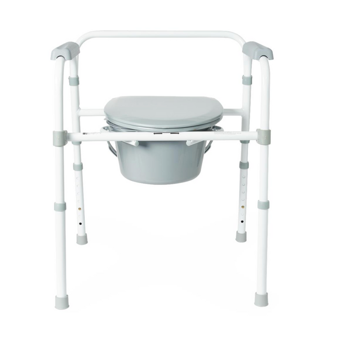 The Medline Steel 3-in-1 Folding Commode features an elevated design with a detachable bucket, safety rails, and adjustable height. Crafted from lightweight, heavy-duty steel in white with gray accents, it includes a splashguard for convenience.