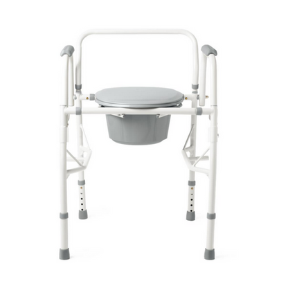 The Medline Steel Drop-Arm Bedside Commode is a portable chair with a padded gray seat and bucket. It has adjustable legs with rubber feet, drop-arm design for easy transfers, and side armrests for added support.