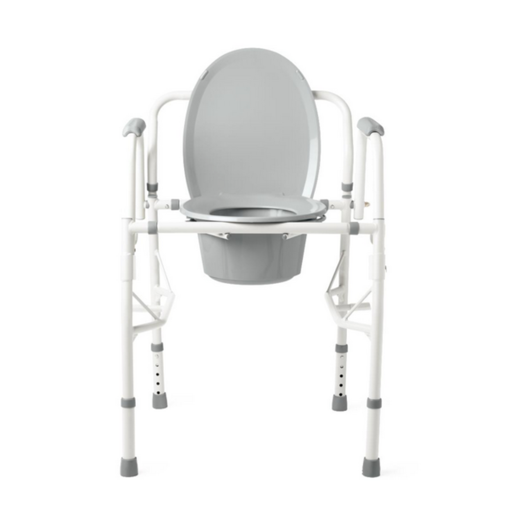 The Medline Steel Drop-Arm Bedside Commode is a grey chair with a padded seat and lid, featuring a sturdy white metal frame, adjustable legs and armrests for stability, plus an easy-access drop-arm design.