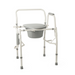 The Medline Steel Drop-Arm Bedside Commode features adjustable legs, a padded seat, and armrests for comfort. Its drop-arm design ensures easy mobility and includes a gray removable bucket.