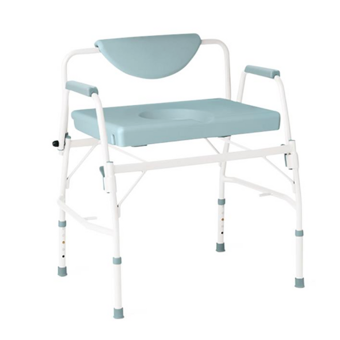The Medline Steel Bariatric Drop-Arm Commode boasts a light blue and white design with armrests and a backrest for support. Featuring an adjustable seat opening, its perfect for those needing reliability and heavy-duty use, with a capacity of up to 1,000 lbs.