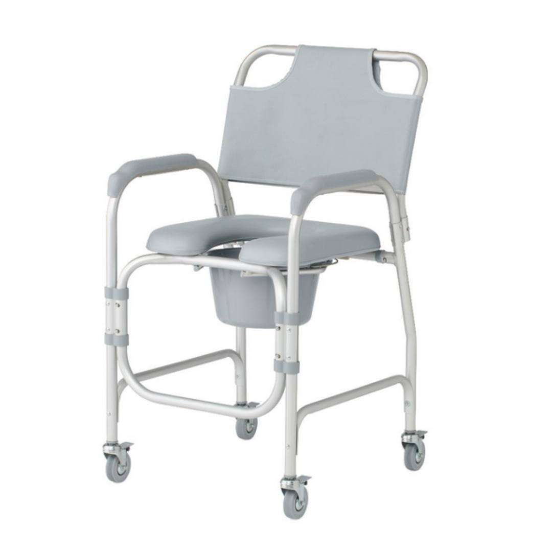 The Medline Drop-Arm Bedside Commode with Wheels & Padded Seat is a gray chair with padded armrests and backrest, featuring four wheels for easy mobility. It has an open seat with a removable bucket, a durable metal frame, and adjustable seat height for personalized comfort and support.