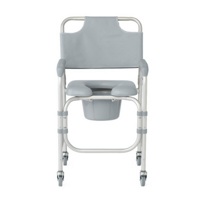 The Medline Drop-Arm Bedside Commode with Wheels & Padded Seat is a portable gray shower commode chair with an adjustable seat height, detachable bucket, sturdy metal frame, padded armrests, and rolling wheels for easy mobility.