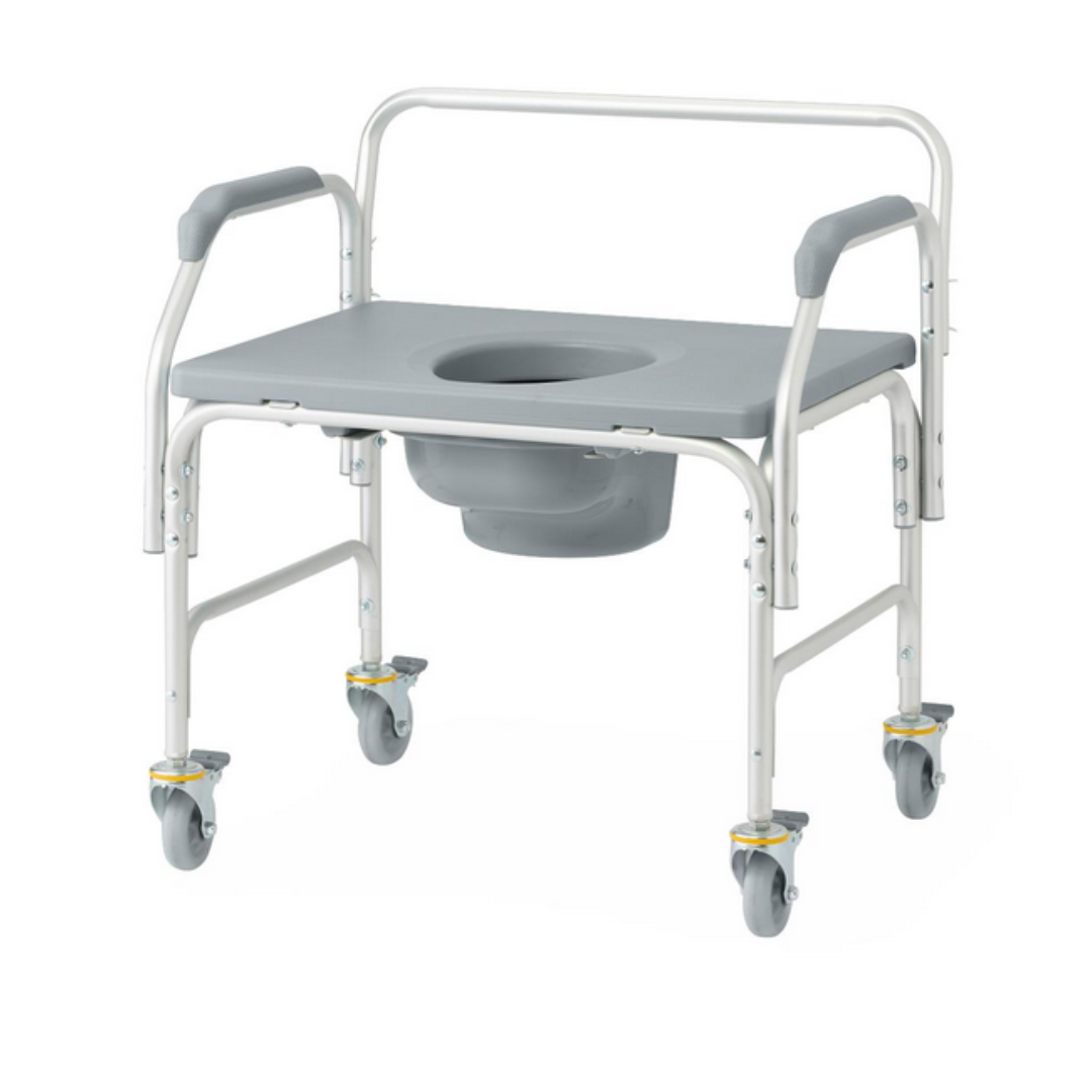 The Medline Aluminum Bariatric Commode with Wheels is a gray chair featuring a 1,000 lb capacity, heavy-duty aluminum frame, open-center seat, side handles, removable container, and locking casters for mobility.