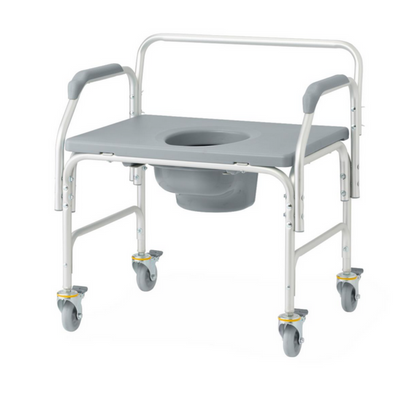 The Medline Aluminum Bariatric Commode with Wheels is a gray chair featuring a 1,000 lb capacity, heavy-duty aluminum frame, open-center seat, side handles, removable container, and locking casters for mobility.