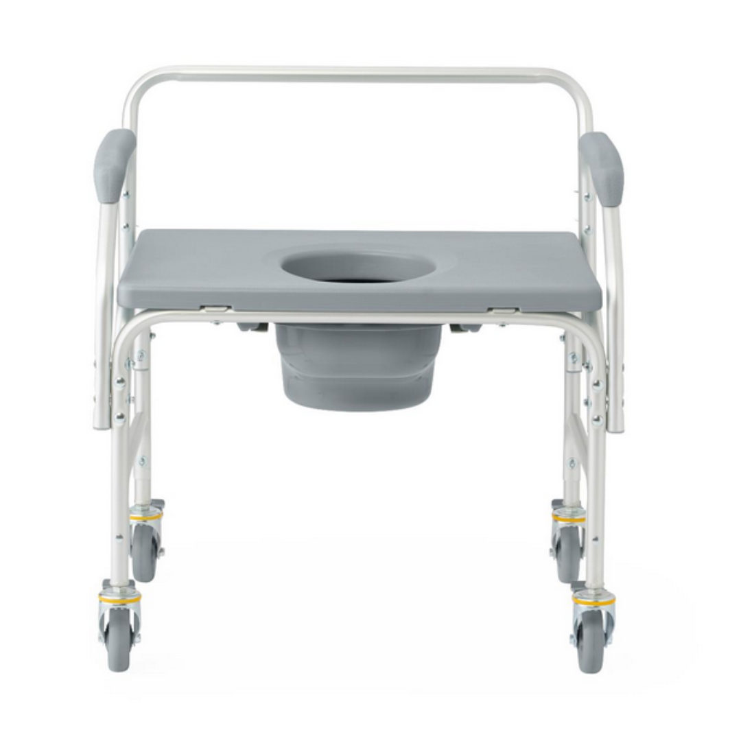The Medline Aluminum Bariatric Commode with Wheels features a gray and white design, armrests, a padded seat with an opening, and a removable bucket underneath. Crafted from heavy-duty aluminum for durable use.