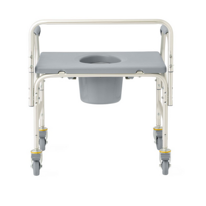 The Medline Aluminum Bariatric Commode with Wheels features a gray plastic seat, a detachable bucket, and durable heavy-duty aluminum. It includes four wheels for easy mobility and a sturdy metal frame, supporting up to 1,000 lbs.