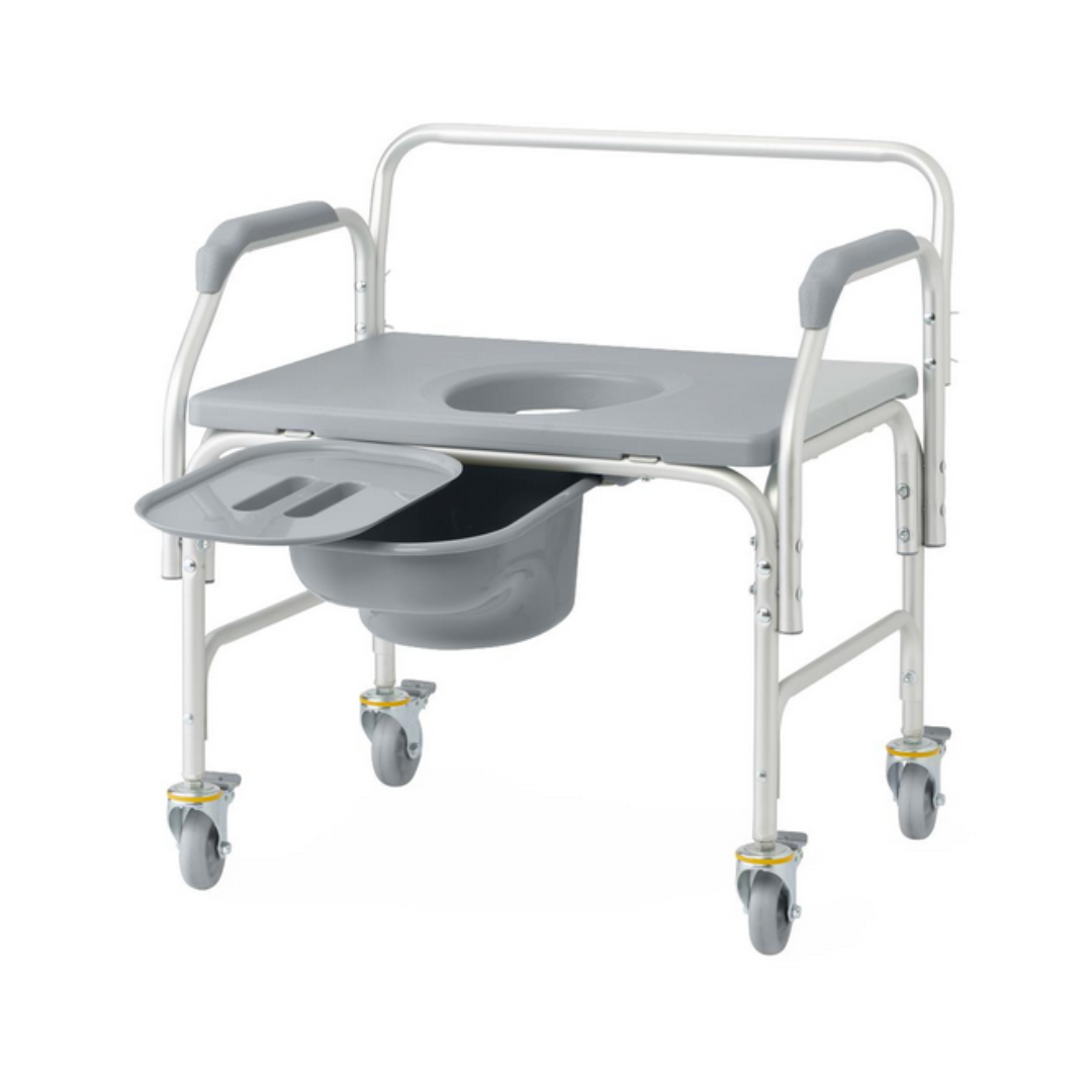 The Medline Aluminum Bariatric Commode with Wheels (1,000 lb cap) is a gray, heavy-duty aluminum chair for mobility assistance. It has four wheels with brakes, a flat seat and detachable lid, armrests, and a gray bucket for easy waste collection and sanitation.