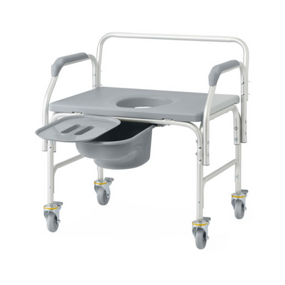 The Medline Aluminum Bariatric Commode with Wheels (1,000 lb cap) is a gray, heavy-duty aluminum chair for mobility assistance. It has four wheels with brakes, a flat seat and detachable lid, armrests, and a gray bucket for easy waste collection and sanitation.