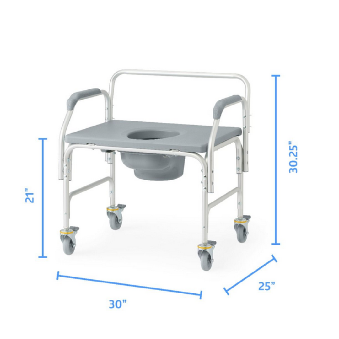 The Medline Aluminum Bariatric Commode with Wheels supports up to 1,000 lbs and features a sturdy mobile design with four wheels, armrests, and a cut-out seat for a removable bedpan. It measures 21 H x 30 W x 25 D, ensuring both durability and comfort.