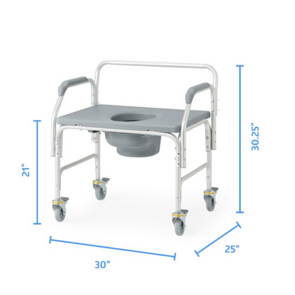 The Medline Aluminum Bariatric Commode with Wheels supports up to 1,000 lbs and features a sturdy mobile design with four wheels, armrests, and a cut-out seat for a removable bedpan. It measures 21 H x 30 W x 25 D, ensuring both durability and comfort.