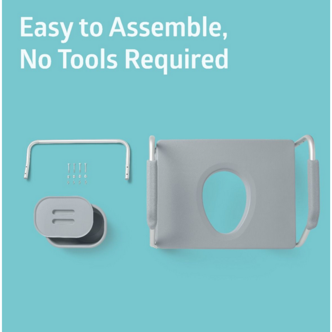 An overhead view of Medline Aluminum Bariatric Commode components, including a grey seat with armrests, mounting hardware, and an oval cover. Text states Easy to Assemble, No Tools Required on a light blue background. Crafted from heavy-duty aluminum for durability; 1,000 lb capacity.
