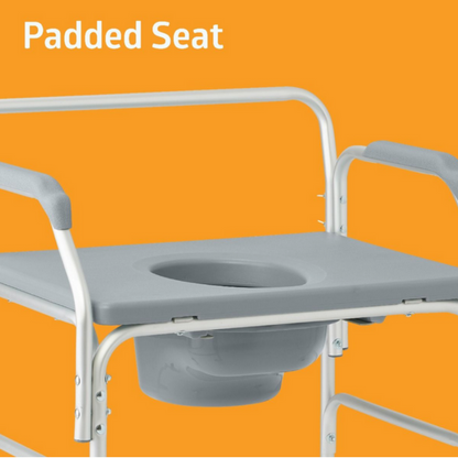 The Medline Aluminum Bariatric Commode with Wheels - 1,000 lb Cap is displayed. It has a gray padded seat with an opening and armrests, positioned against an orange background. The top left corner includes the phrase Padded Seat.