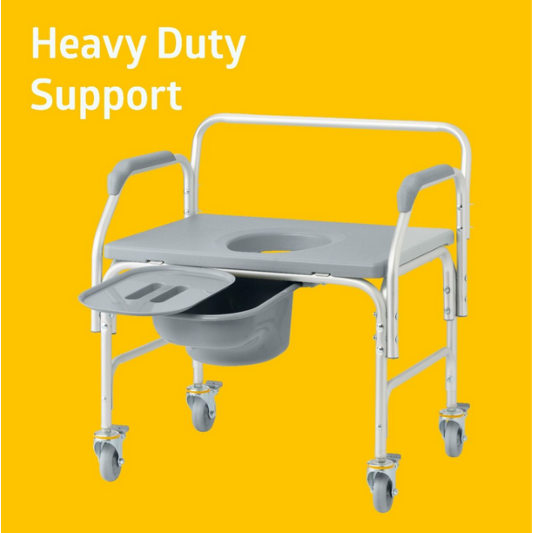 The Medline Aluminum Bariatric Commode with Wheels, supporting up to 1,000 lbs, is made from heavy-duty aluminum for durability. It features armrests and wheels for mobility and sits against a bright yellow backdrop with Heavy Duty Support in the top left corner.