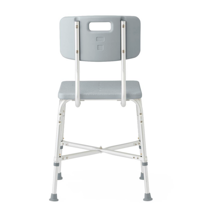 The Medline Bariatric Shower Chair with Back - 650 lb Cap features a gray plastic seat and backrest with a handle hole for easy transport. It has adjustable seat height, a heavy-duty aluminum frame with crossbars, and four metal legs with rubber tips for enhanced stability and safety.