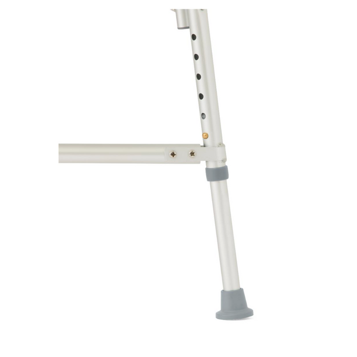 A close-up of an adjustable Medline Bariatric Shower Chair leg with multiple height holes and a rubber tip, designed with a heavy-duty aluminum frame, set against a white background.