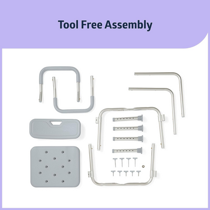 Components for the Medline Shower Chair with Backrest and Padded Armrests are displayed on a white background under the label Tool Free Assembly, featuring seat pieces, metal frame, padded armrests, and bolts for easy hand assembly.