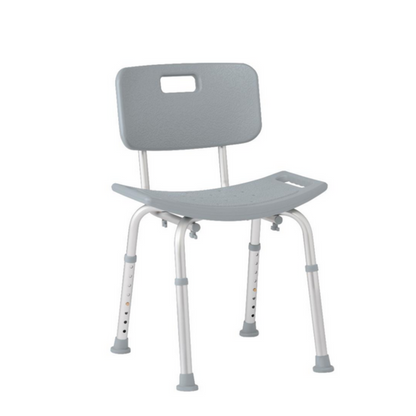 The Medline Aluminum Bariatric Shower Chair has a gray, adjustable-height frame with a backrest, drainage holes, slip-resistant metal legs with rubber tips, and supports up to 400 lbs. It includes a small handle on the backrest for easy carrying.