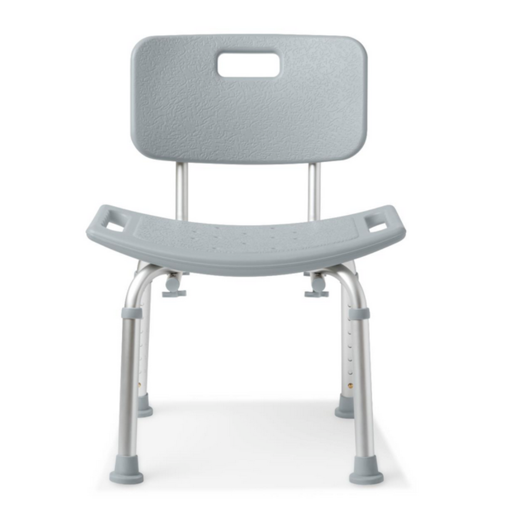 The Medline Aluminum Bariatric Shower Chair, in light gray, features a textured seat and backrest for enhanced comfort. Its durable aluminum build includes an open handle, adjustable legs with rubber feet for stability, and can support up to 400 lb.