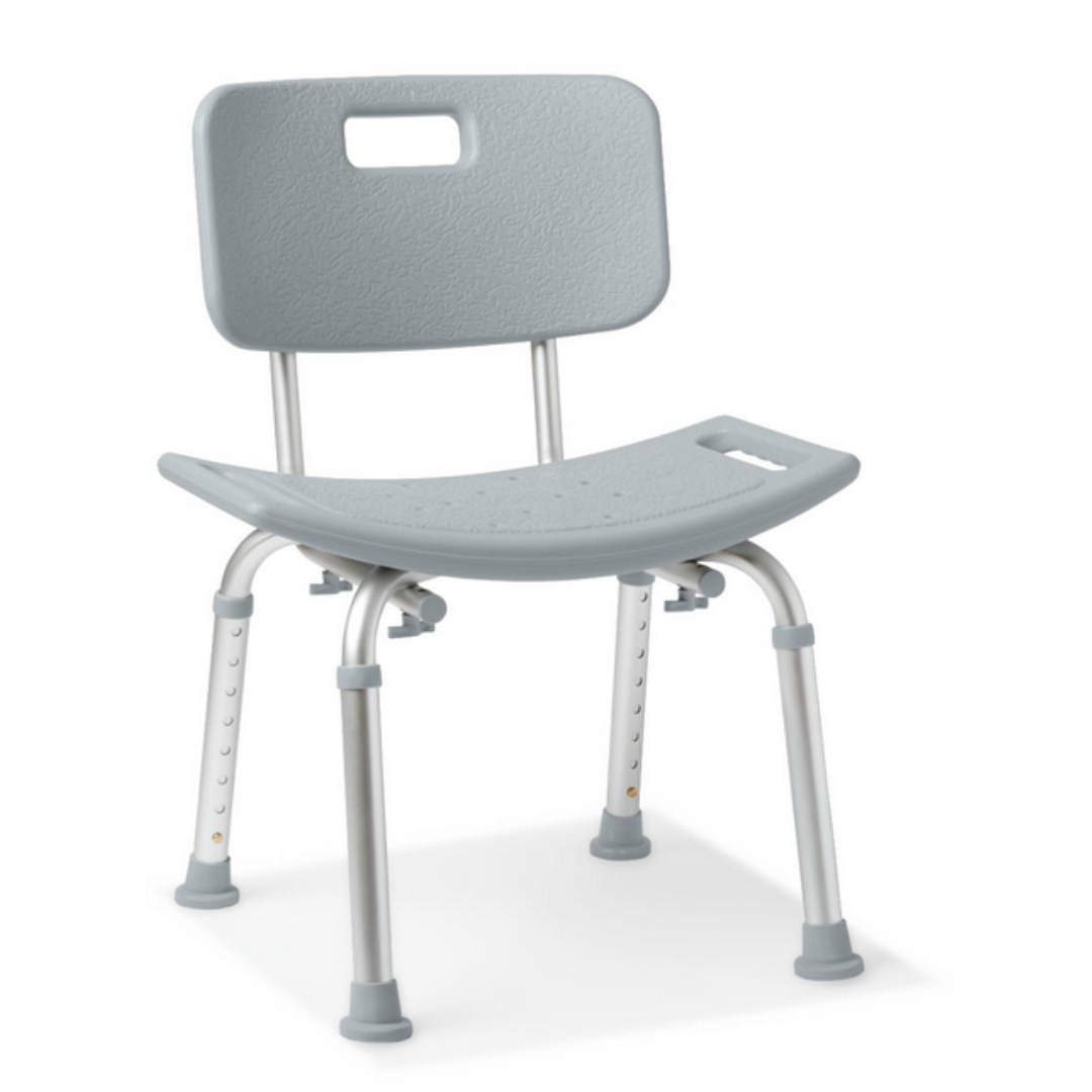 The Medline Aluminum Bariatric Shower Chair with Backrest is gray with a comfortable backrest and seat, featuring drainage holes. Made from aluminum, it offers adjustable legs with rubber feet for stability and supports up to 400 lbs.