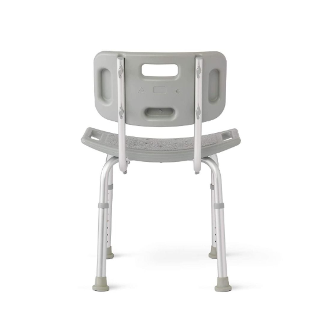 The Medline Aluminum Bariatric Shower Chair with Backrest is a light gray bench featuring adjustable aluminum legs with rubber tips, textured surfaces for grip, drainage holes, and a 400 lb. capacity. The backrest includes a handle for easy carrying.