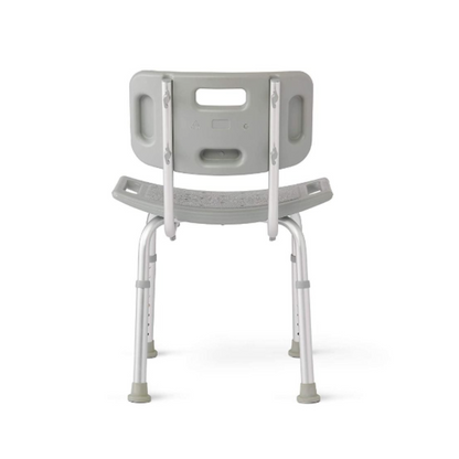 The Medline Aluminum Bariatric Shower Chair with Backrest is a light gray bench featuring adjustable aluminum legs with rubber tips, textured surfaces for grip, drainage holes, and a 400 lb. capacity. The backrest includes a handle for easy carrying.
