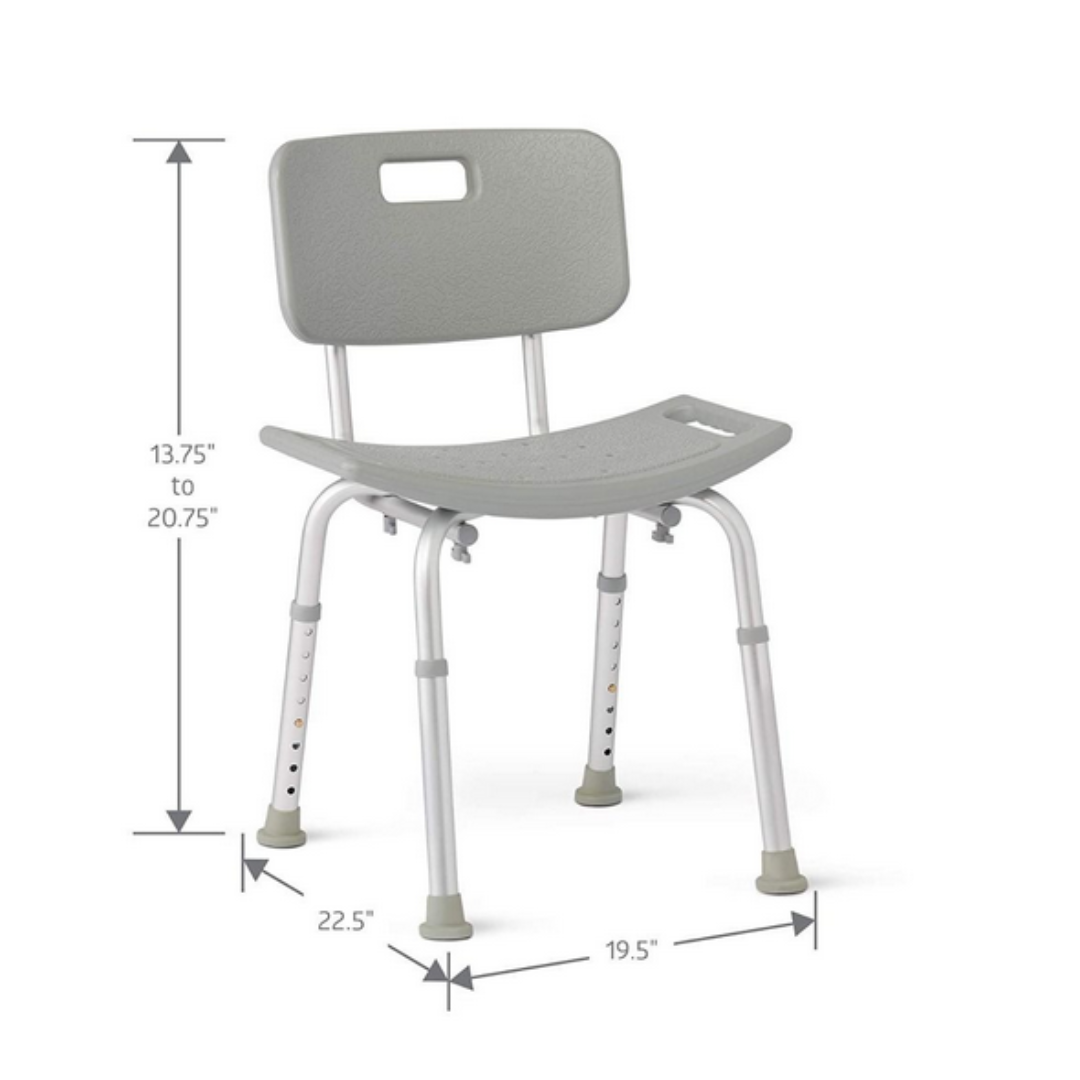 The Medline Aluminum Bariatric Shower Chair with Backrest includes a contoured backrest, adjustable legs for a 13.75-20.75 inch height range, and rubber-capped feet for stability. It measures 19.5 inches wide, supports up to 400 lbs., and has a handy handle cutout in the backrest.