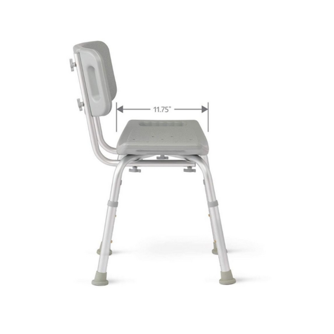 Side view of the Medline Aluminum Bariatric Shower Chair with Backrest in gray, showing adjustable backrest, rubber-tipped and sturdy metal legs. With aluminum construction, it supports up to 400 lb. The seat depth is 11.75 inches and includes drainage holes for water flow.