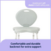 Image of the Medline Folding Portable Shower Chair with Backrest in light gray, adjustable seat height for comfort, and slip-resistant design for stability. Outlined by a purple border. Text reads, Healthcares #1 choice in bath safety aids.